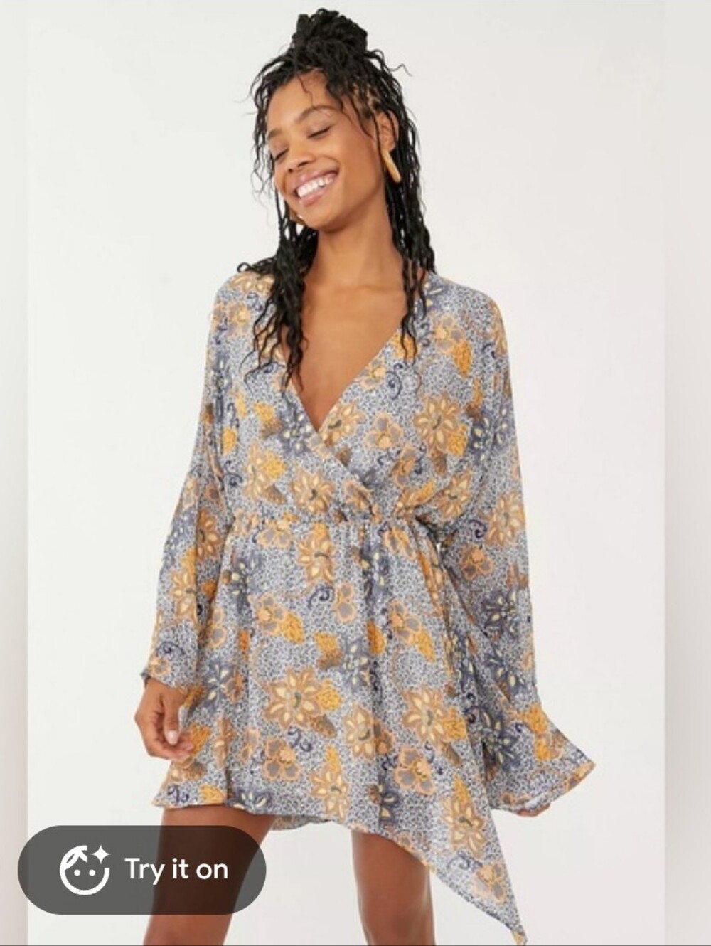 Free People Teegan Floral Wrap Mini Dress in Blue and Mustard XS